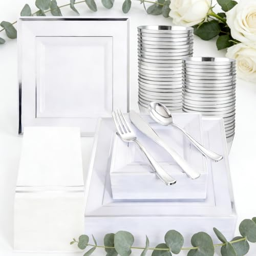 Festiva 350Pcs Silver Plates - Silver Square Plastic Plates 9 .5 and 6 - serve for 50 guests include 50 Cups 50Plastic Cutlery 50Hand Napkins Perfect for Party&Wedding&Birthday