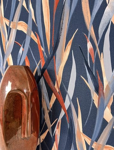 Newroom Vliestapete Blau Pflanzen Blätter Wohnzimmer Tapete | Aquarell Gräser Marineblau Rostrot matt, feine Leinenstruktur, Mustertapete Boho elegant dunkel, Schlafzimmer Flur