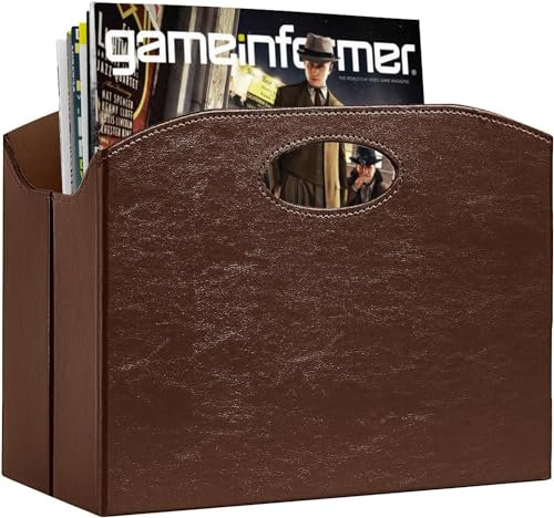 Neateam Revistero moderno para revistas, revistero de piel sintética con asa, cesta plegable para periódicos, resistente y duradero, para oficina, hogar y sala de estar, marrón