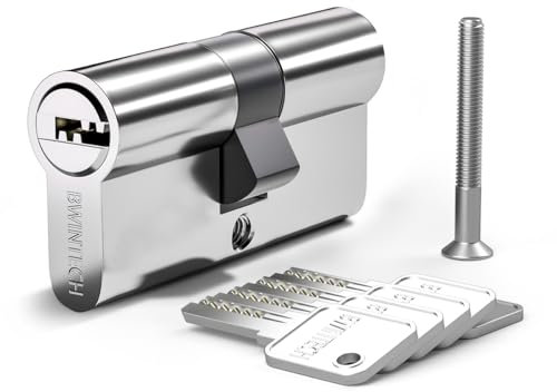 Bwintech 1 Pieza 30/40mm Euro Cilindro Latón, 70mm Cerradura con 5 Llaves Horizontales de Latón,Antiganzúa,Antitaladro,Antigolpe,Antibumping,Acabado Cromado