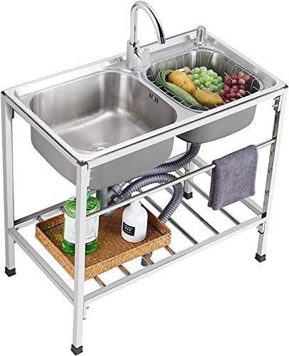 Küchenspülen für Zuhause, Edelstahl-Doppelspüle, Küchen-Flow-Ständer, Edelstahl-Küchenspüle, tragbare Werkbank-Spüle, mit Abtropffläche, Warm- und Kaltwasserhahn und Stauraum, Garten im Freien F
