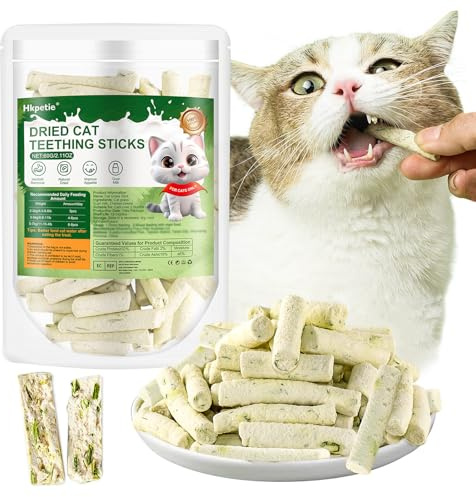 Hkpetie 60g Cat Grass Teething Sticks with Goat Milk Favor, Edible Freezed Drying Cat Grass Treats, Cat Snacks for Hairball Removal and Dental Care