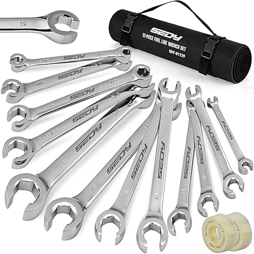 SEDY 14-Piece Flare Nut Wrench Set with PTFE Tape, Metric & SAE Brake Line Wrench Offset 1/4-7/8& 9-21mm Set Double Open End with Organizer Pouch for Repairing and Removing Nuts