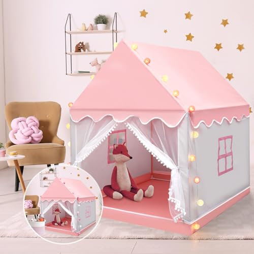 Neulriscn Princess Tent for Girls, Play Tent with Lights, Kids Play Tents, Children Playhouse Indoor Outdoor Toy for Toddlers, Castle Fairy Tents with Windows, House Gift for Boys & Girls, Pink