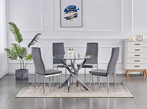 Moderno juego de mesa de comedor redonda de cristal transparente de 90 cm con 4 elegantes sillas de terciopelo Monza, color gris