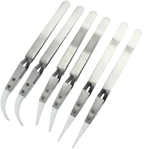 BokWin Juego de 6 pinzas de cerámica inversa de precisión, puntas plateadas puntiagudas y curvas, pinzas inversas no conductoras para soldadura, bobinas de pellizco
