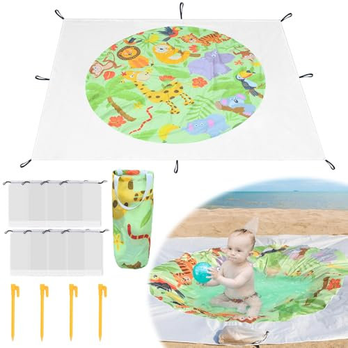 6.5 X 6.5 Ft Baby Beach Pool, 2 in 1 Portable Kids Beach Play Pool Puddle Toddler Beach Blanket and Kiddie Pools Green Cartoon Childs Sand Pit Paddling Pools with Water Bag for Boys Girls Outdoors