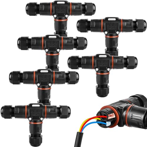 Pack of 6 3-pin cable connectors, waterproof IP68, T-shape cable connector, waterproof 3-pin earth cable connection sleeve for diameter 3-12 mm cable diameter, 2-way waterproof junction box for