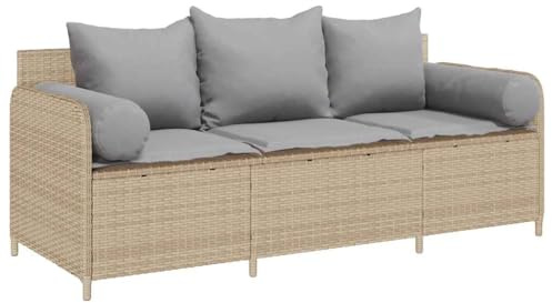 vidaXL Trädgårdssoffa 3-sits med dynor konstrotting beige, utomhus soffa, trädgårdsmöbler, uteplats möbler, trädgård sittplatser, utemöbler