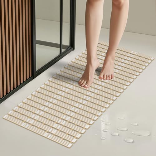 SunnyOcean Shower Mat Non Slip Anti Mould, 90x40cm Non Slip Bath Mats for Inside Shower, Extra Long Bathtub Mats, Rubber Anti Slip Bathmat with Suction Cups, Cut to Size, Brown
