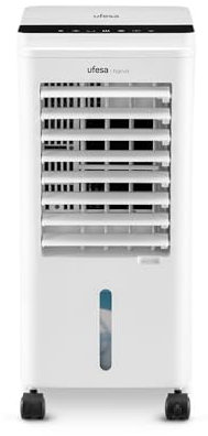 Ufesa Narvik Climatizador Evaporativo, 65W, Función Fría y Ventilador, 3 Velocidades, 3 Modos, Panel Táctil, Depósito 5L, Temporizador 12h, Filtro Lavable, 2 Bloques de Hielo, Mando a Distancia