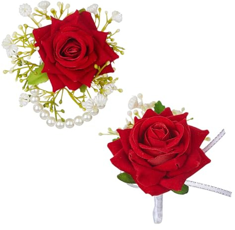 Ansteckblume und Ansteckblume mit roten Rosen, Armband und Ansteckblume für Herren, Hochzeitsblumen, Zubehör, Party, Anzug, Dekoration, 2 Stück