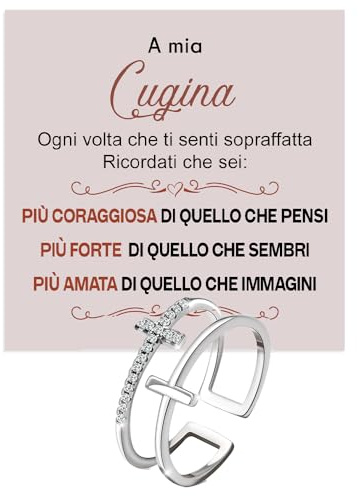Anello Donna Cugina per cugine Donne Ragazze in Argento Sterling 925 Ispirazionale e di Incoraggiamento, Croce, Regolabile - Cofanetto con DEDICA incluso