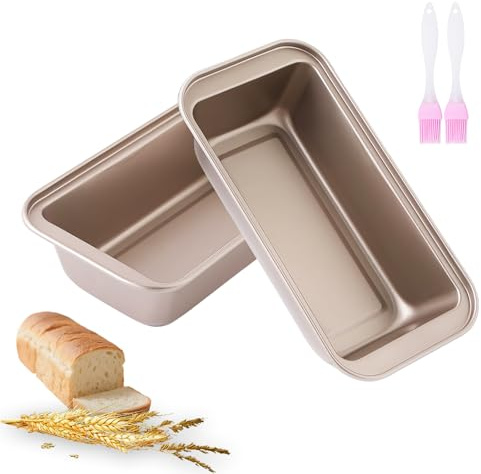 Snowtain Toastbrot Backform Set 2 Stück – Goldene Trapezform Brotbackform aus Karbonstahl mit Antihaftbeschichtung & 2 Silikon Backpinsel –Kuchenform Kastenform Toastform für Backen