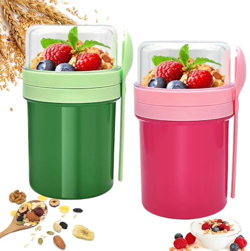 2 gobelets à yaourt à emporte Overnight Oats Jars 550ml+250ml de 2 Bocaux à Avoine avec Couvercles et Cuillère Céréales Récipients à Yaourt pour Céréales avec Fourchette Réutilisable Flocons d'Avoine