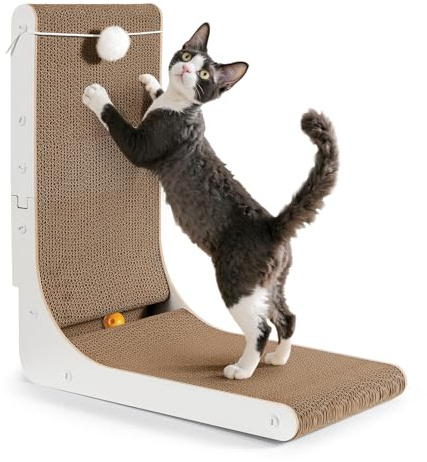 Gimars Hohe 47cm L förmige Kratzbrett Katze mit Ball, Vertikaler kratzpappe für Katzen, Langlebiges Katzenkratzbrett, Katzenspielzeug zum Schutz von Möbeln und Sofas, Groß
