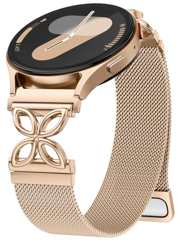 Upeak Metall Armbänder Kompatibel mit Samsung Galaxy Watch 7 6 5 4 Armband 40mm 44mm - 20mm Mesh Loop Magnetarmband mit Blumendesign für Galaxy Watch 4 6 Classic/5 Pro/3 41mm/Active 2/FE, Rosegold