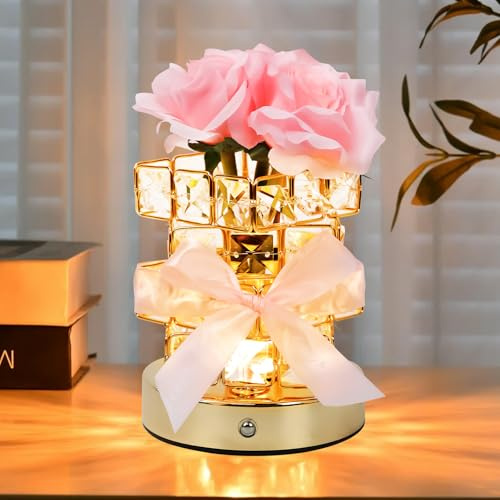 Lamparas de Mesita de Noche con Rosas Rosadas, Candeeiro Mesa de Cabeceira, 3 Modos de Temperatura de Color, Ideales Para Decoraciones Románticas En Navidad, El Día de La Madre y San Valentín (B)