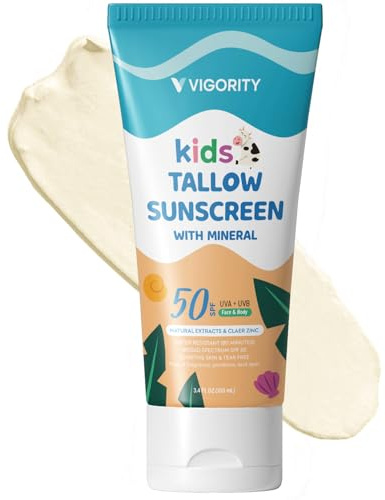 Beef Tallow Sunscreen for Kids with Zinc Oxide: Natural Non-Toxic SPF 50 Tallow Sunblock Cream - with Food-Grade Botanical Extracts - Kids & Sensitive Skin Safe, Water-Resistant - 100 mL