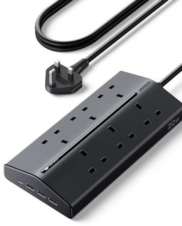 UGREEN Extension Lead 1.5M, 6 Way Power Strip with 3 USB-A & 1 USB-C | 20W PD Fast Charging, 2990W Max with Master Power Switch, 15°Angled UK Plug for Home, Office, Desk & Bedroom