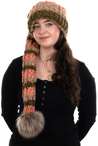 Birendy Mütze A Zipfelmütze lang gestrickt mit Fleece gefüttert Beanie Bommelmütze mit Bommel aus Kunstfell