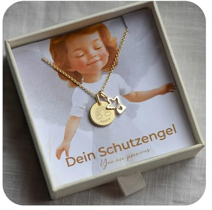 Schutzengel Kette für Mädchen personalisiert mit Gravur Symbol & Namen | Silber 925, Kinder Baby Halskette mit Engel-Anhänger, Taufkette Geschenk zur Taufe Kommunion Einschulung Geburt Patenkind