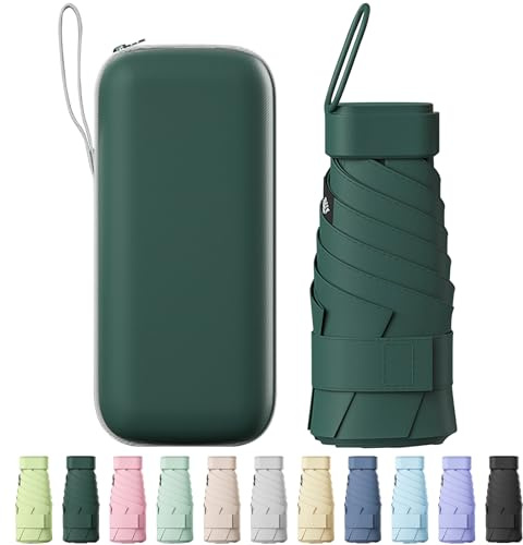 FWHFNB Mini Regenschirm,6 Rippen Mini Regenschirm,Tragbarer Reiseschirm mit Kapselhülle,UV-Schirm,kleiner kompakter,Taschenschirm für Männer und Frauen (Dunkelgrün)