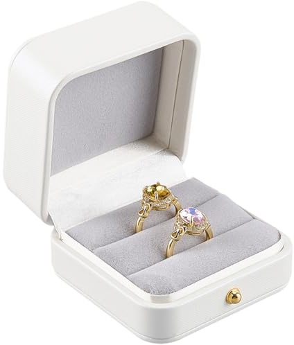 CALFOVERA Doppelringbox Aus Weißem Quadratischem Vintage Leder Mit Samtfutter Ideal Für Hochzeiten Heiratsanträge Verlobungen Und Jahrestage.