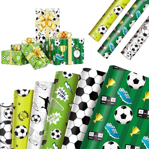 Unvtap Fußball Geschenkpapier 12 Blatt Geschenkpapier Fussball 68cm x 51cm Packpapier, Geschenkpapier Fussball Geburtstag, Fußball Geburtstag Deko(6 Designs)