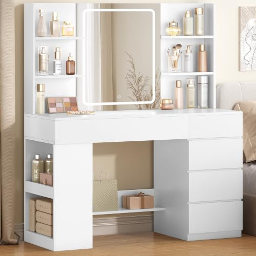 Hzuaneri Sminkbord 108 cm, Sminkbord med Stor HD-spegel och LED-lampor, Sminkbord med 5 Lådor och 6 Öppna Fack, Sidoförvaringshyllor för Sovrum, Modern, Vit, DT44303XEU