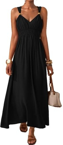 QUNERY Robe Longue Femme Été col en V sans Manches Robe Tunique Décontractée Robe Légère Plage Elégante Noir M