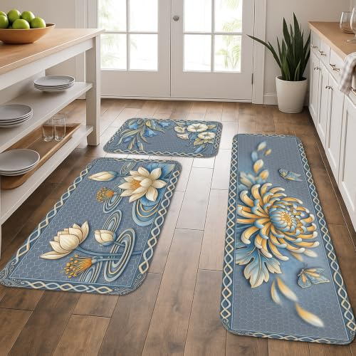 Tapetes de cocina florales para piso, patrón de lirio de agua azul y crisantemo, tapetes suaves, acolchados con resorte, cómodos, lavables para fregaderos de cocina, lavadero, baño, 3 piezas