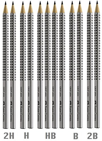 Faber-Castell 12er Set 117099 sortierte Härtegrade 12 Bleistifte Grip 2001 je 2X 2H | H | B | 2B | und 4X HB | Farbe des Schaftes: Silbergrau