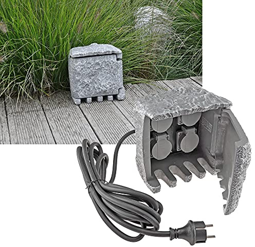 ChiliTec Gartensteckdose 4-Fach, Stein-Optik Grau, 5m Kabel | IP44, 230V, H07RN-F 3G1,5mm², zugelassen für Außenbereich, Schwarz