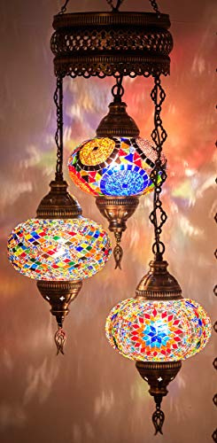 Türkische marokkanische Mosaik-Deckenleuchte, Hardwired, handgefertigt, mit 3 Luftballons, Mosaikglas, Boho-Stil, Höhe 105 cm, mehrfarbig