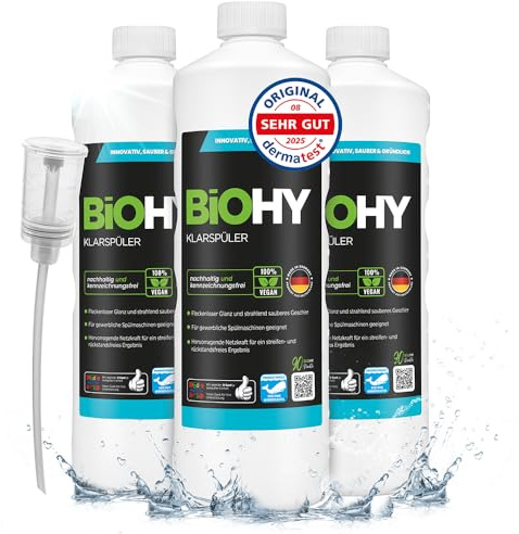 BiOHY Sköljmedel (3 x 1l flaska) + doser | Ekologiskt högkoncentrat | Lämplig för alla (kommersiella) diskmaskiner, för en oslagbar glans på glas & diskar Biologiskt nedbrytbar (Klarspüler)