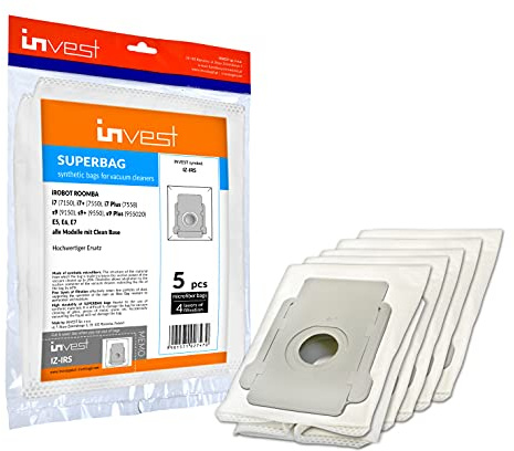Invest - Staubsaugerbeutel Ersatz, Filtertüten Beutel Kompatibel mit iRobot Roomba s9 s9+ s9 Plus, i7 i7+ i7 Plus, Clean Base, E5 E6 E7 - Weiß, 5 Stück
