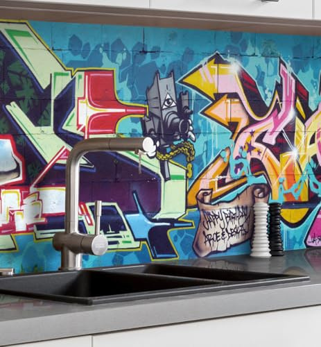 MyMaxxi Küchenrückwand selbstklebend – Matte, 0,4 mm Premium Spritzschutz Folie als günstige Alternative zu Glas, einfache Montage & leichte Reinigung – Motiv: Graffiti Schrift B 340 cm x H 60 cm