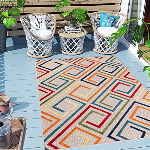 Carpeto Rugs Geometrisch In- & Outdoor Teppich Wetterfest für Balkon, Terasse - Balkon Teppich Wasserfest - Outdoorteppich Wetterfest - Aussenteppich Terrasse Groß - Mehrfarbig Bunt - 160 x 230 cm