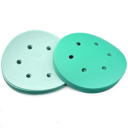 10PCS 6 Inch(150mm) 6-Holes Polyester Film Wet/Dry Hook & Loop Flocking Green Sanding Discs Paint Abrasive Sandpaper, 60#-2000#,240