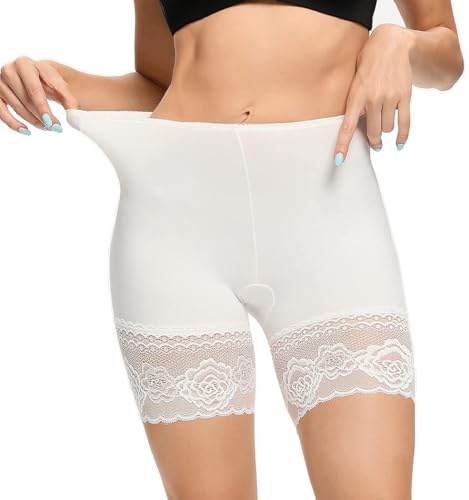Joyshaper Femme Panty en Dentelle Short sous Jupe Anti Frottement Cuisse Shorty pour Robe Pantalon de Sécurité Invisible Boxer Shorts Culottes Caleçon sans Couture Shorty Cycliste Blanc L