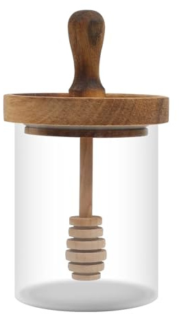 Unistarinn Honey Jar with Dipper and Lid - Glass Honey Pot with An Extra Wooden Dipper Stick, Home Kitchen Honey Containers Holder with Wider Diameter to Store Honey and Syrup, Airtight 13.5 oz