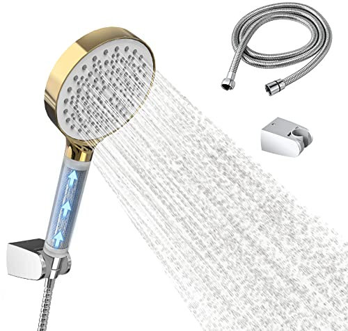 EMKE Duschkopf mit Schlauch, Wassersparender Duschkopf druckerhöhend mit Filter, 1.5m Schlauch und Halterung Sparduschkopf mit 6 Strahlarten, Druckerhöhend Duschbrause Handbrause Set (Weiß Gold)