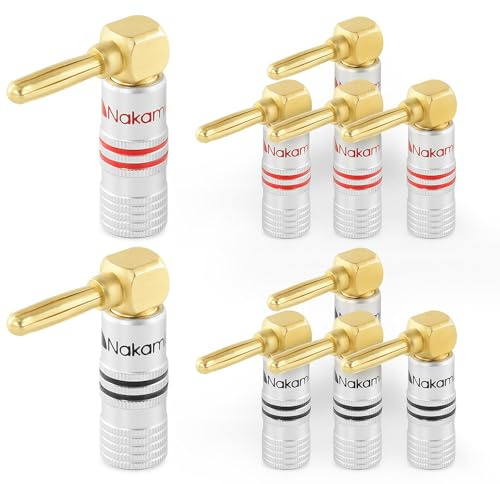 Nakamichi 24K vergoldeter Bananenstecker 12-18 AWG Gauge Größe 4mm für Lautsprecher Verstärker Hi-Fi AV Receiver Stereo Heimkino Audiokabel Stecker (10 Stück (5-Paar), Rechtwinkliger Stecker)