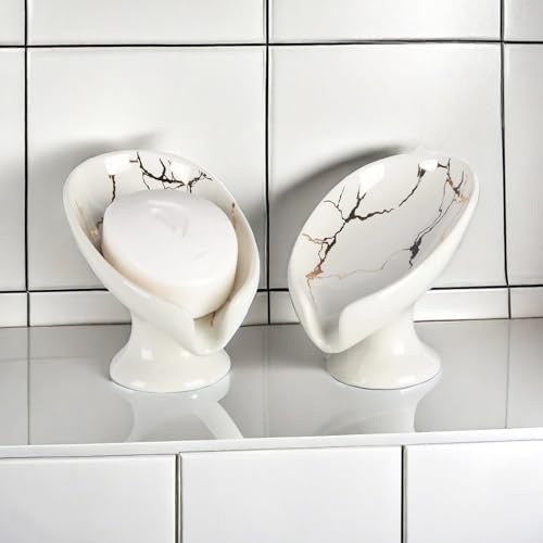 Umlaca Soap Dish Ceramic,Self Draining Soap Holder Keep Soap Dry,Leaf Shape Soap Tray Vintage,Suitable for Kitchen, Bathroom, Shower (White two-piece set)