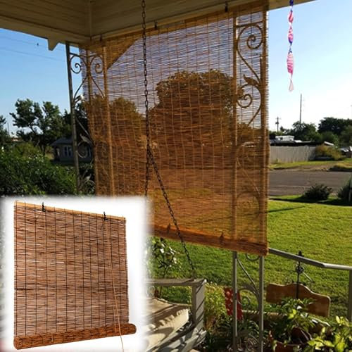 Outdoor Rollo Wetterfest Bambusrollo Bambus Retro Carbonization Natural Handgewebte Schilf Vorhang Sichtschutz Fenster Rollos Balkonsichtschutz für Außen Innen Terrasse Balkon Garten mit Lifter (Size