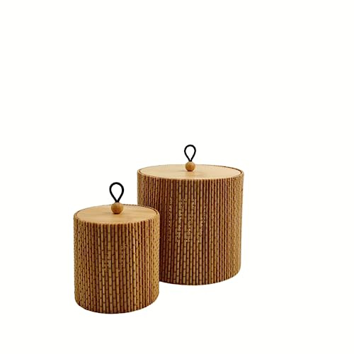 Gekkoli Lot de 2 boîtes de rangement/paniers avec couvercle en bambou, Umania DynaVigor brun (rond (Ø8xH8,2 / Ø12x11,2 cm)),