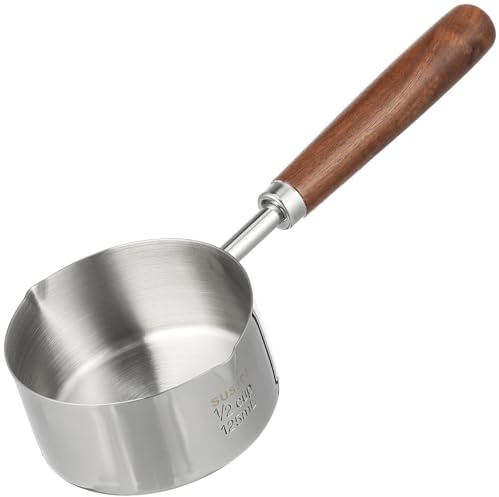 Housoutil Small Sauce Pan 125Ml Stainless Steel Oil Drip Pot with Wooden Handle for Kitchen Cooking and Heating Sauces