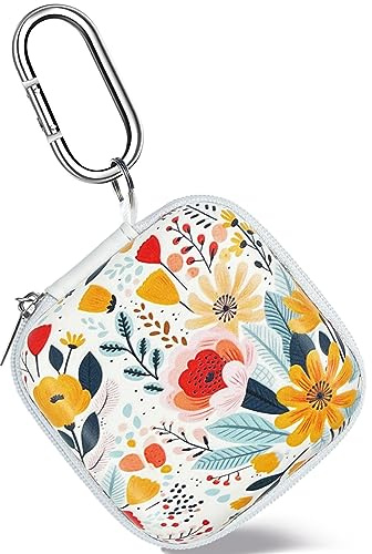 Square Earbud Case Headphone Organizer Ear Bud Case Portable EVA Carrying Box Storage Bag with Carabiner for AirPods Beats Bose Galaxy Buds 3 Data Cable Storage (Blooming Floral)