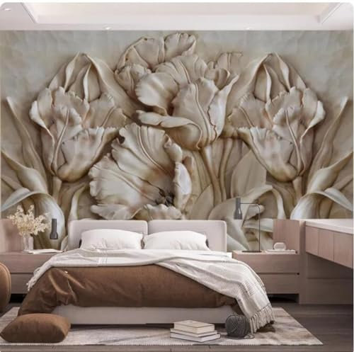 MOBYAT 3D Wallpaper Still Life Flower Tulip Relief Flower Jade Carving Color Sandstone Custom Wallpaper,3D,250x175cm